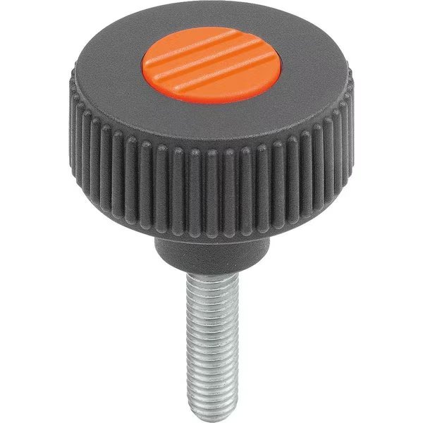 Knurled Knob Size:2, D1=50 D=M08X60, , Form:L, Plastic Black Ral7021, Comp:Stainless, Cap:Orange Ral, Kipp, Mfr#: K0261.52081X60